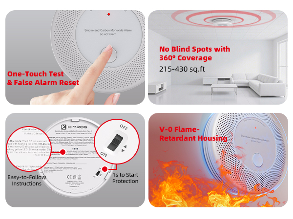 One - touch test/reset, 360° coverage, flame - retardant, easy setup.