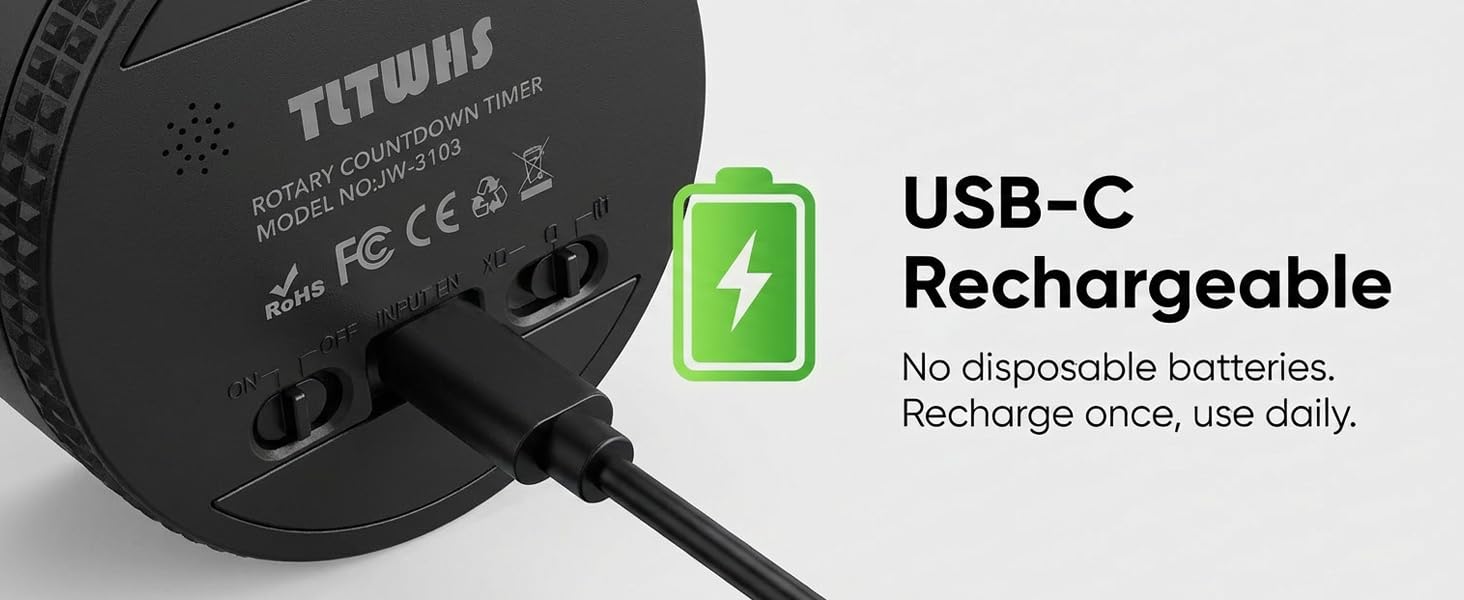 Text reads: 'USB-C Rechargeable' and 'No disposable batteries. Recharge once, use daily.' Product information display with green charging icon.