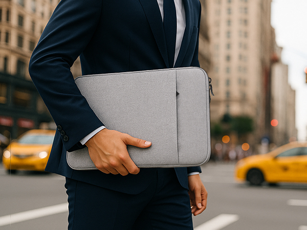 Gray laptop sleeve or case being carried in urban setting, showing different angles and carrying positions against city background.