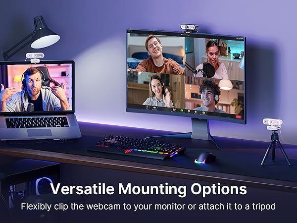 Shows the webcam mounted on a desktop, laptop, and used with a tripod.