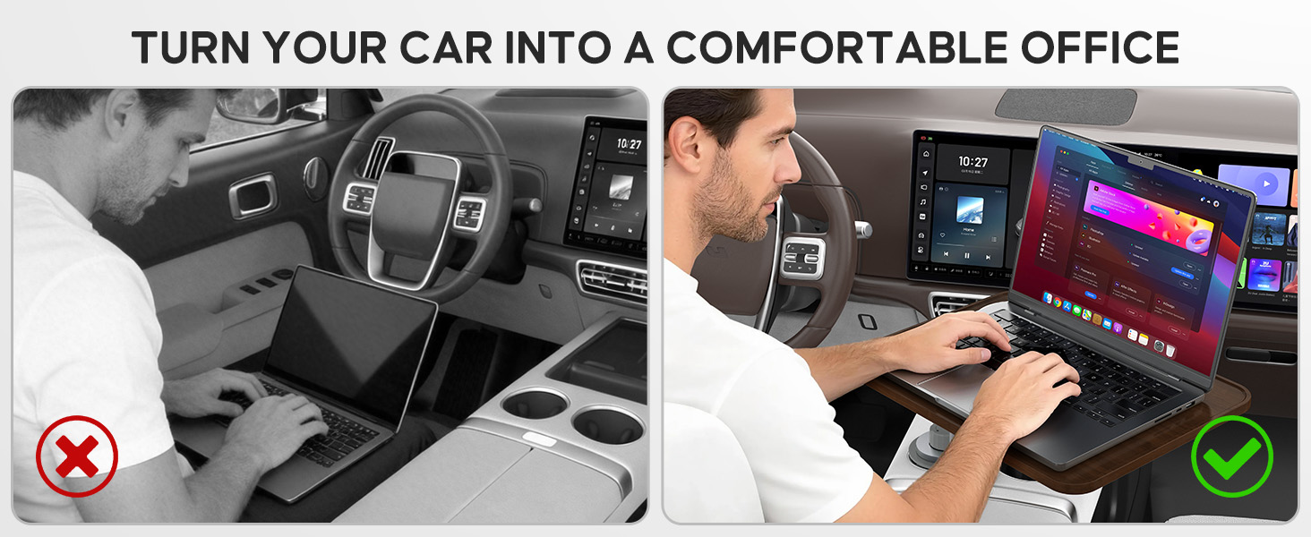 Car Desk Car Tray for Laptop &amp;amp; Food, Wooden Cup Holder Table with Adjustable Height
