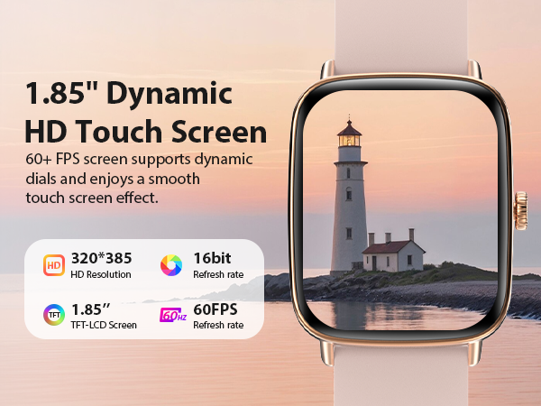 Rose gold smart watch for women with a 1.85-inch HD touchscreen and 320 × 385 resolution