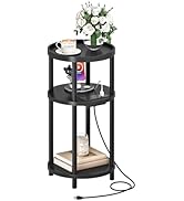 HOOBRO Small Round Side Table with Charging Station, 3-Tier Round Bamboo End Table, Compact Sofa ...