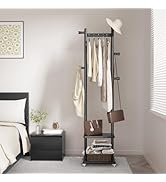 Solid Wood Coat Rack Freestanding Clothing Rack with Wheels &amp; 2 Shelves Storage &amp; 5 Hooks Heavy D...