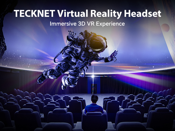 TECKNET Virtual Reality headset promotional image showing space-themed 3D visualization in a theater setting with blue lighting effects.