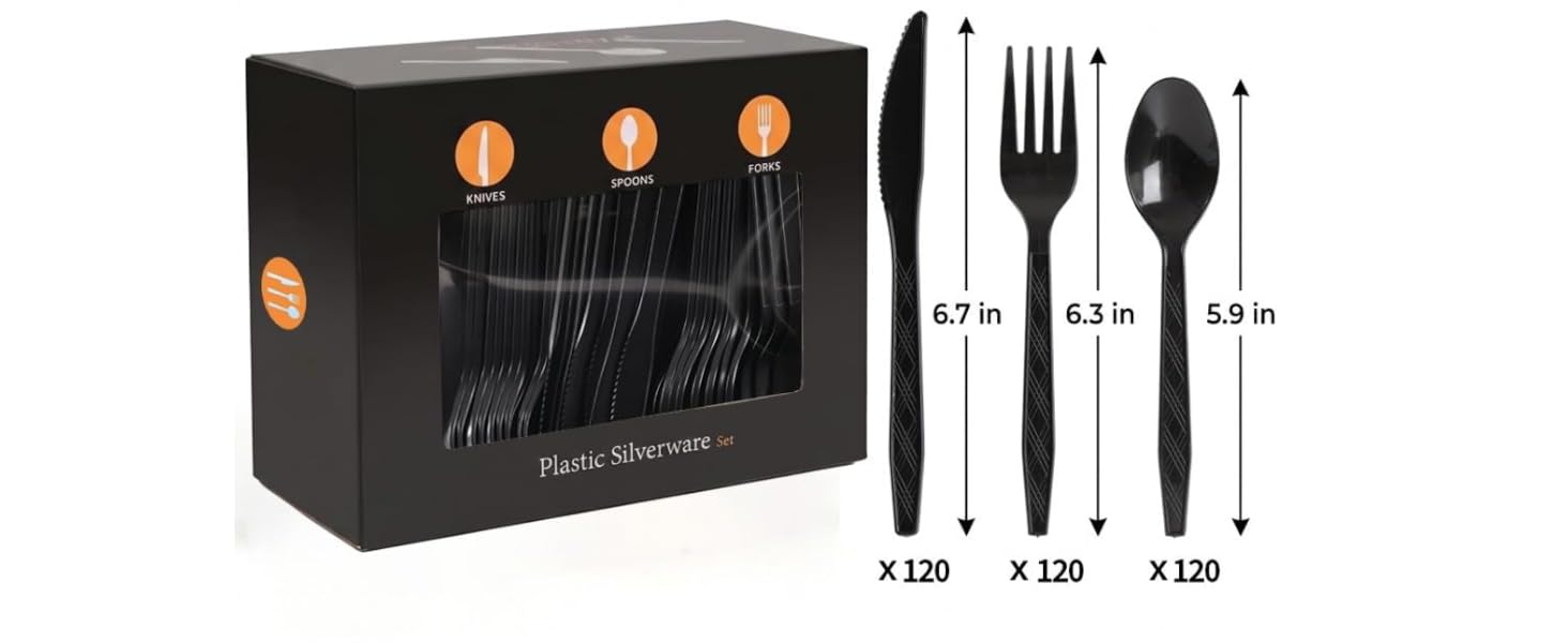 The plastic disposable cutlery set comprises a 6.7-inch knife, a 6.3-inch fork and a 5.9-inch spoon.