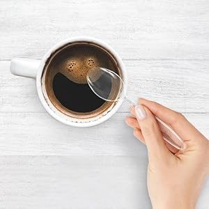 Features the plastic spoon designed for stirring coffee, suitable for both hot and cold food, drinks