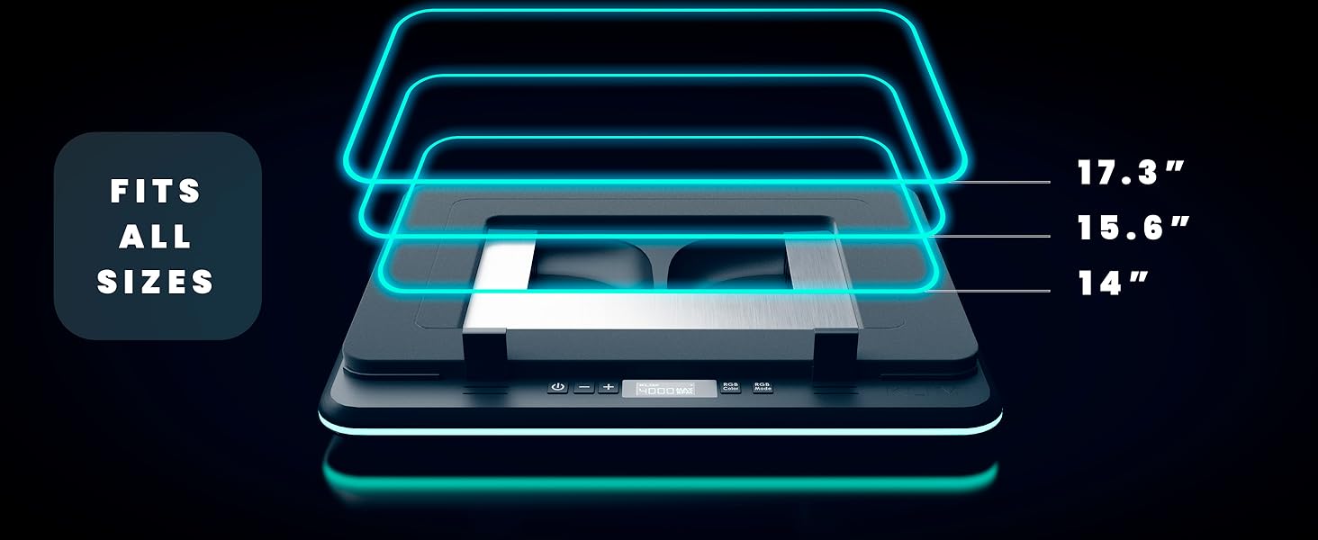 Text reads 'FITS ALL SIZES' with measurements '17.3", 15.6", 14"'. Technical diagram showing blue outlined laptop or device protective covers in various sizes.