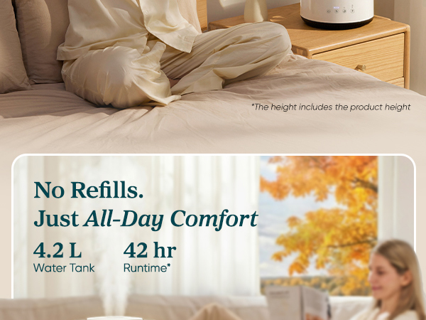 4.2L Large Tank: 42-hour runtime delivers all-day comfort