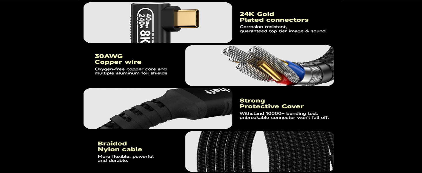 Gold-plated connector, braided jacket, and reinforced strain relief for durability.