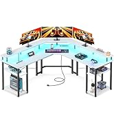 Coleshome L Shaped Gaming Desk with LED Lights &amp; Power Outlets, Reversible 56" Computer Desk with...