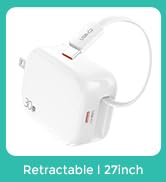 2-in-1 Retractable Wall Charger Plug with USB C Port and 27in/70cm Type C Cable,Travel Essentials...