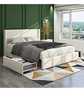 HXERY Queen Ivory Velvet Upholstered Platform Bed with Vertical Striped Wingback Headboard, 2 Und...