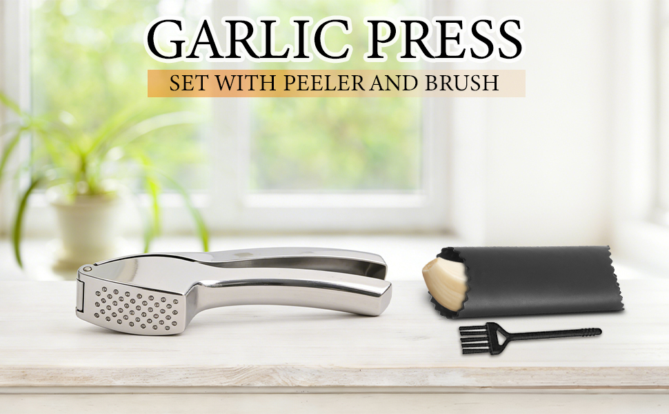 Photo of a garlic press and accessories on the kitchen countertop