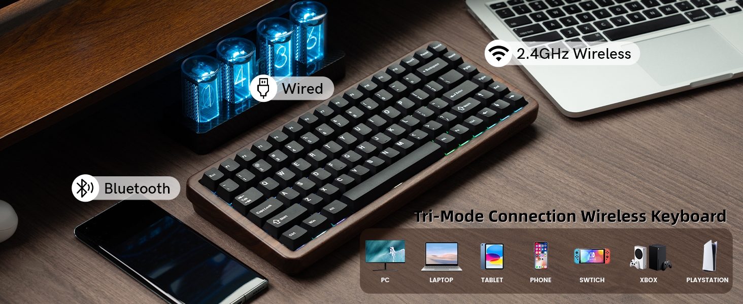 75% Mechanical Keyboard Wireless with QMK/VIA, WD75 V2 Wood Gaming Keyboard