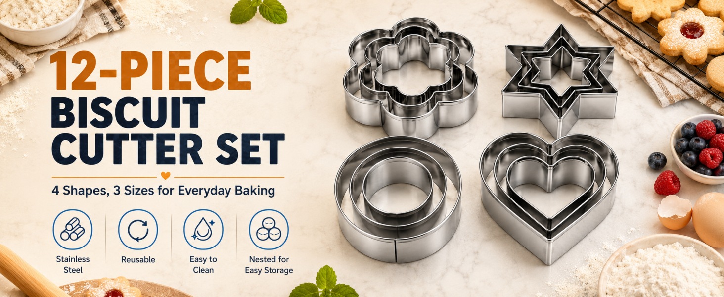 12-piece stainless steel biscuit cutter set with 4 shapes in 3 sizes