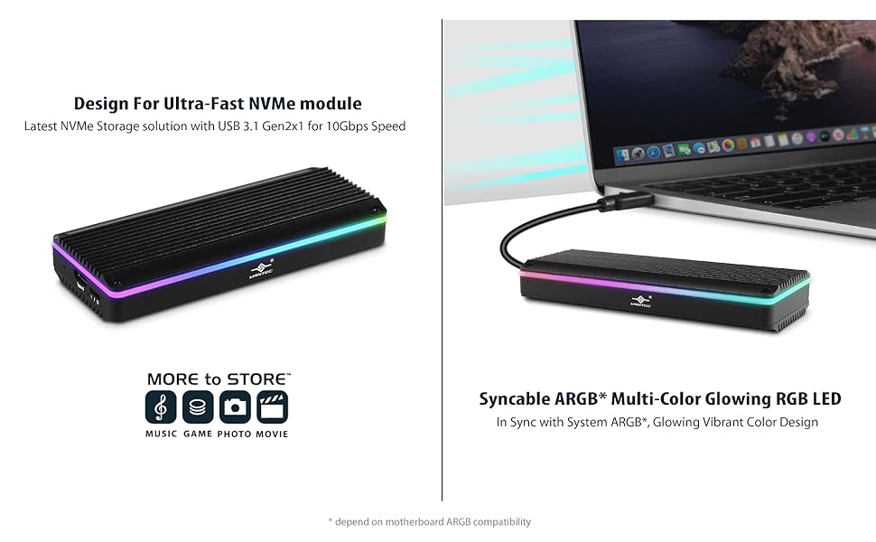 RGB LED enclosure, M.2 NVMe, USB 3.1 Gen2x1, USB C, Pocket Size, Aluminum, toolless NVMe mount, UASP