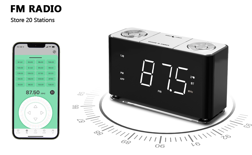 Digital alarm clock with LED display showing 8:75, paired with smartphone app showing FM radio interface with 20 station storage capability.