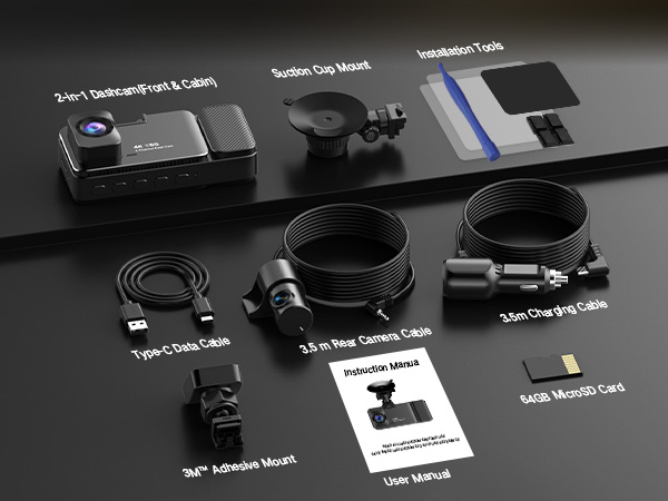4K Dash Cam Front and Rear Inside, 3-Channel Cars Camera Dash