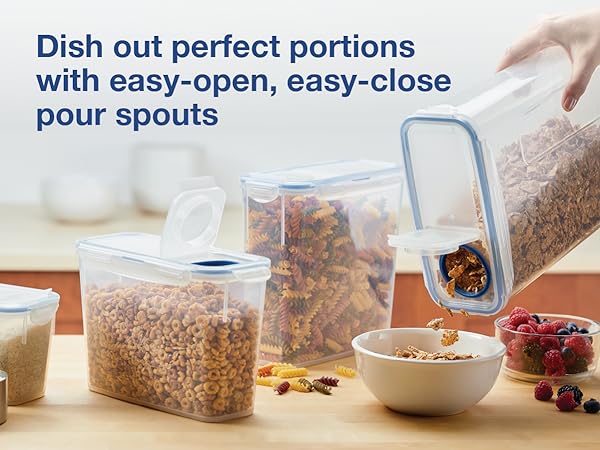 Perfect portions with easy-open, easy-close pour spouts