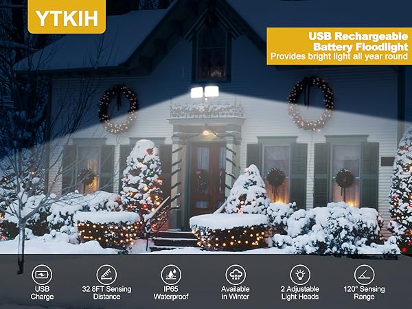 YTKIH USB rechargeable flashlight illuminating snowy house exterior. Features include USB charging, 32ft beam distance, water resistance, adjustable focus, and 2 lighting modes.