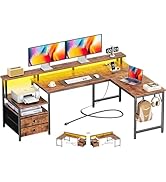 Furologee 66" L Shaped Computer Desk with Power Outlet &amp; LED Lights, Reversible Corner Home Offic...
