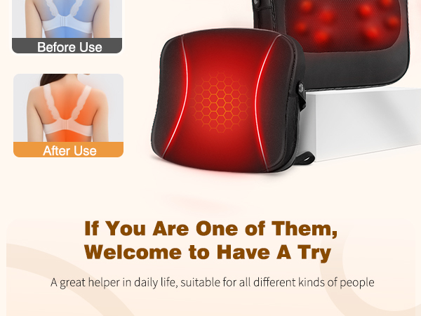 Red illuminated cushion or heating pad device shown in before/after usage demonstration format with glowing warm light effect.