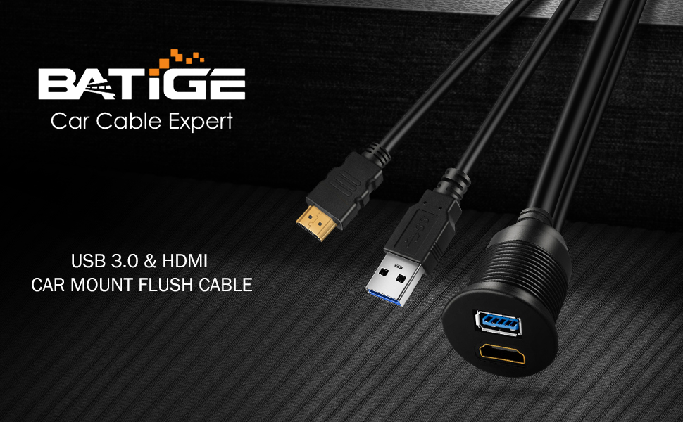 BATIGE - USB 3.0 &amp; HDMI CAR MOUNT FLUSH CABLE