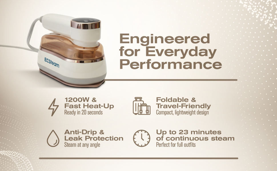 1200W foldable garment steamer for clothes with fast heat-up and 10-minute continuous steam.