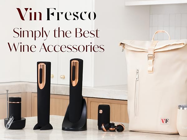 Vin Fresco wine accessories and products including openers, aerator, stoppers, tumblers and backpack