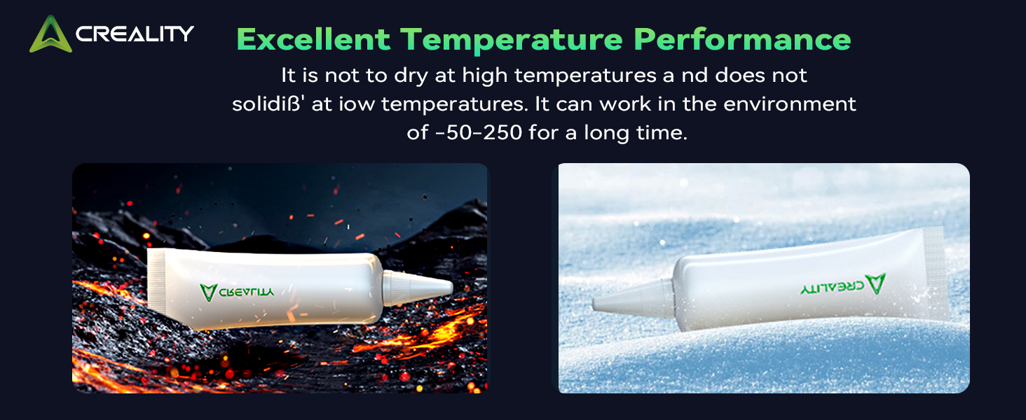 Creality product advertisement showing temperature performance. Left image depicts flames, right image shows icy environment. Text touts excellent temperature range from -10° to 250°.