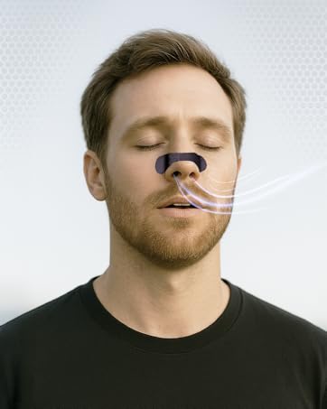 Man wearing BLAZE Nasal Strip with airflow lines showing improved breathing