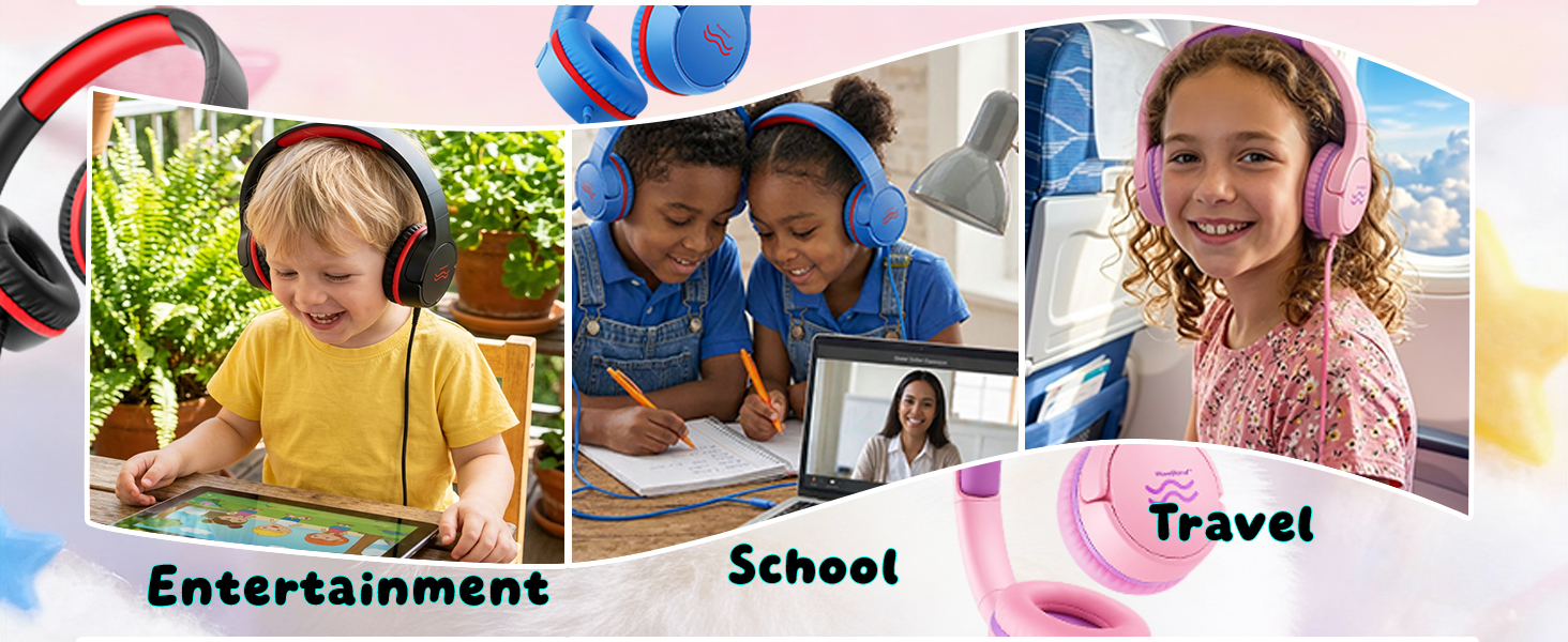 Wired kids headphones bult-in-Mic with volume limiter for school,travel,entertainment from 2y to 14y