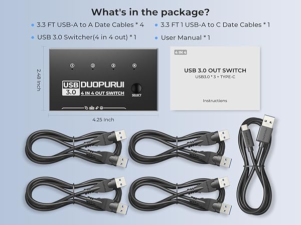keyboard switch package includes a USB 3.0 switch, four USB A to A cables, and one USB A to C cable