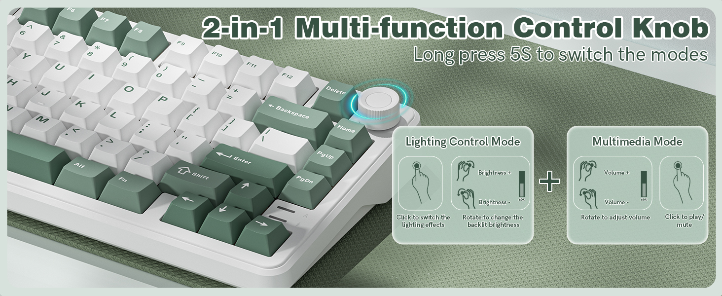 Keyporia L75 keyboard with 2-in-1 multi-function control knob for lighting and multimedia