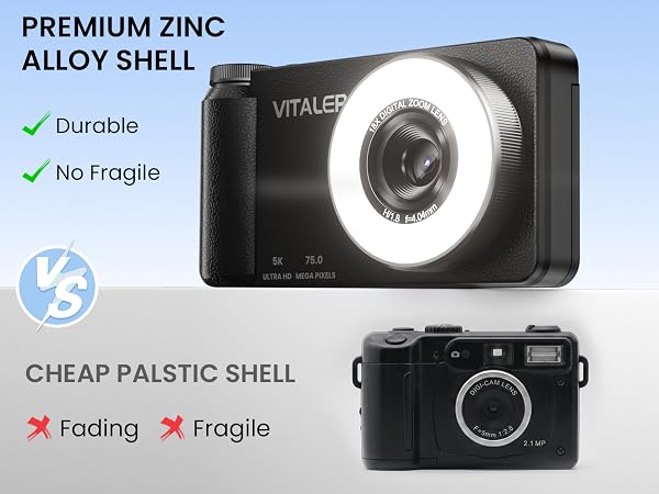 Text reads 'PREMIUM ZINC ALLOY SHELL', 'Durable', 'No Fragilité', 'CHEAP PLASTIC SHELL', 'Fading', 'Fragile'. Comparison showing VITALENS camera with premium zinc alloy shell versus budget plastic shell model below.