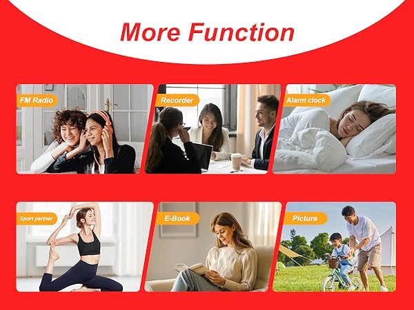 Multi-function device features: FM radio, recorder, alarm clock, sport partner, e-book reader, and camera. Illustrated with images of people using each function in various settings.