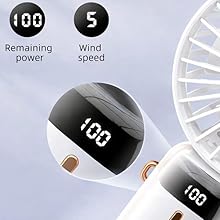 A portable fan with an led display that shows fan percentage and power mode