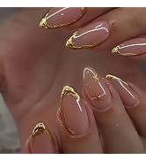 Nude Gold French Star Press On Nails Almond Shaped Glossy Fake Nails, Luxury Gold Tip &amp; Star Full...