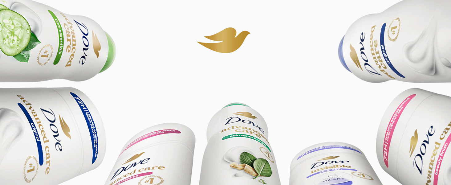 Low-angle shot of full range of Dove&amp;#39;s Advanced Care products around the Dove logo.