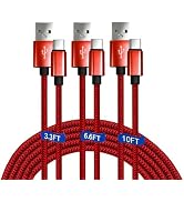 USB A to USB C Fast Charging Braided Cable 3-Pack Red, 3.3ft 6.6ft 10ft | Supports CarPlay, USB A...