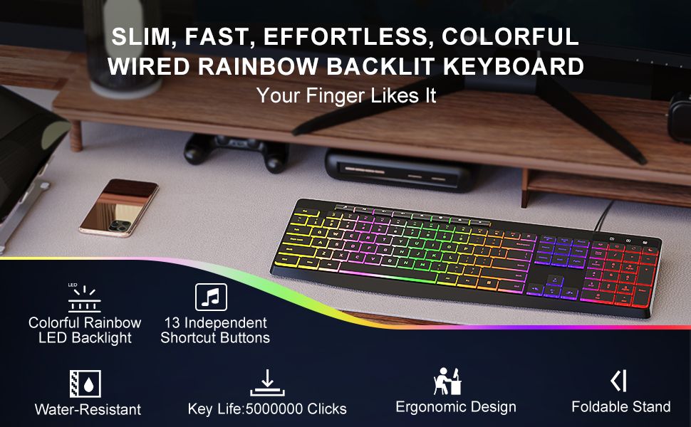 Slim Fast Effortless Colorful Wired Rainbow Backlit Kyeboard