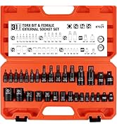 HORUSDY 31Pcs Torx Bit Socket Set,14 Star Bits (T8-T70) and 12 Female E-Torx Sockets (E4-E24), 4 ...