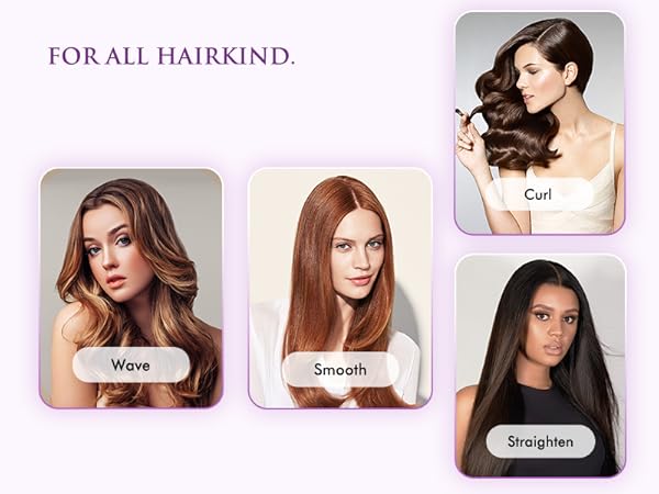 Hair styling advertisement showing four different hairstyles labeled 'Wave', 'Smooth', 'Curl', and 'Straighten' against a light purple background with text 'FOR ALL HAIRKIND'.