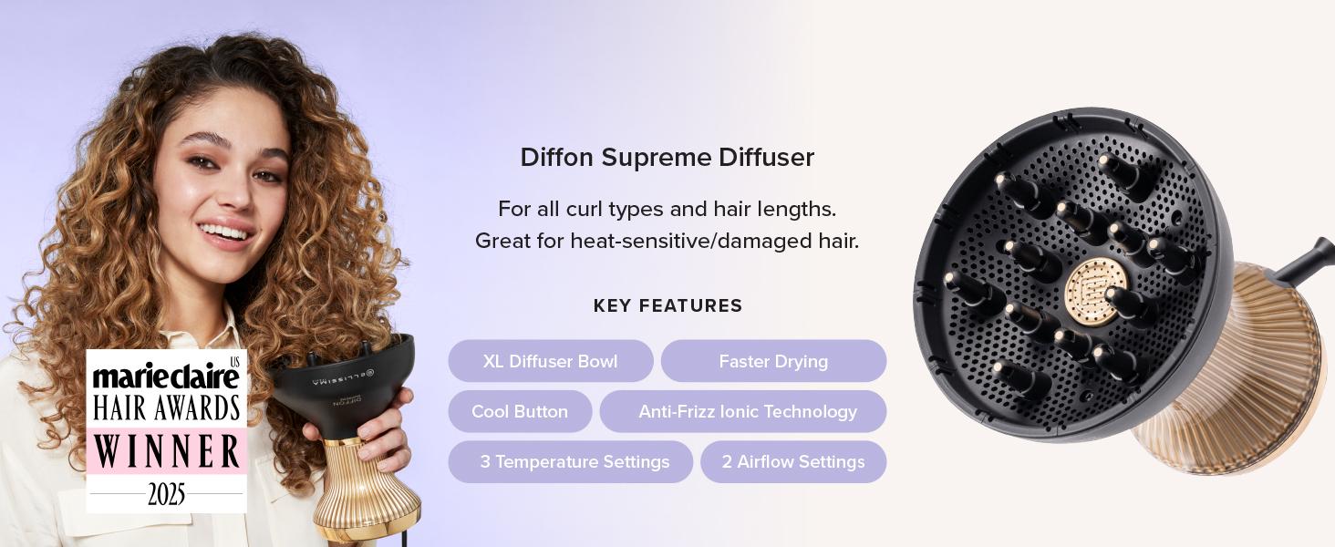 Diffon Supreme Diffuser For all curl types and hair lengths. Great for heat-sensitive/damaged hair.