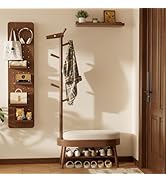 AQIMUELE Coat Rack Freestanding, Wooden Shoe Bench with Coat Rack and Storage for Entryway, (Walnut)