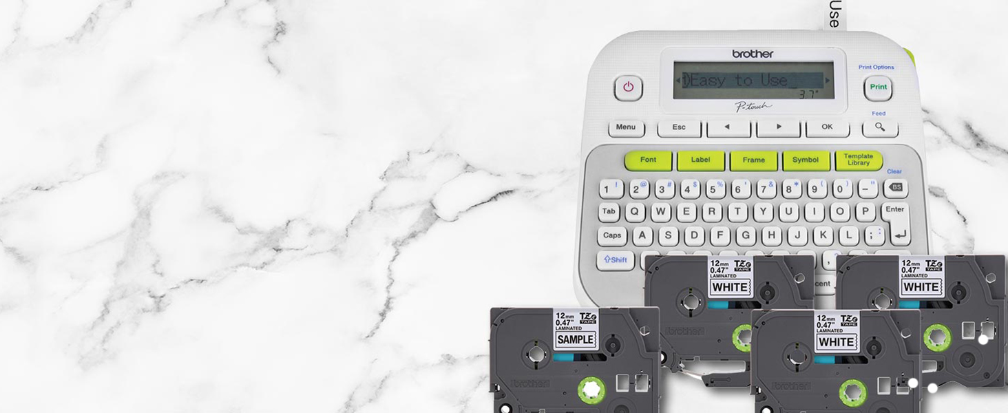 P-touch label maker on marble surface, with four included label tapes