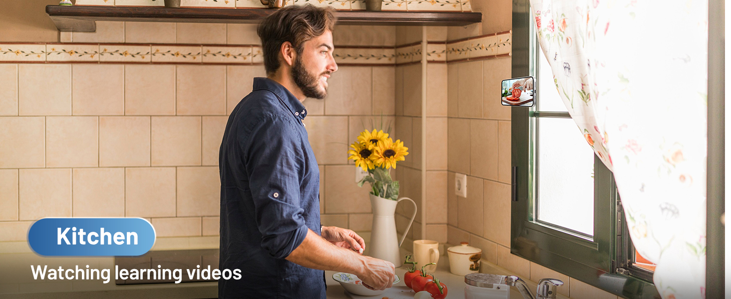 use the phone ring holder to attach on the metal section in the kitchen to watch learning videos