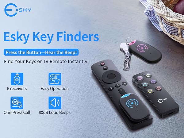 Esky Ultra Slim Key Finder, TV Remote Finders Locator with 80dB Sound 6 Receivers Wallet Trackers