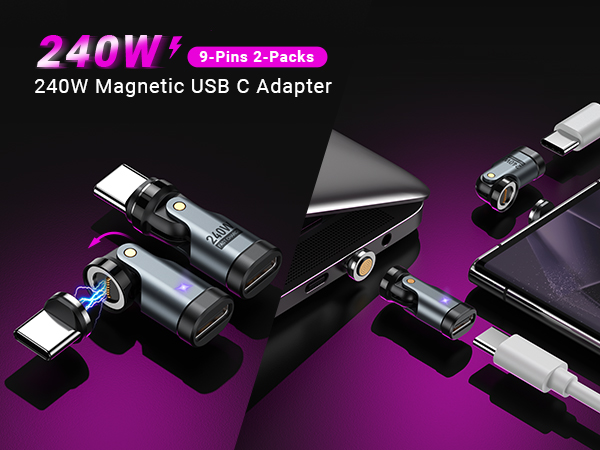 240W magnetic USB-C adapter collection displayed against purple background, showing multiple black charging connectors and devices